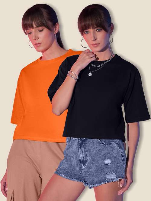 women pack of 2 solid short sleeve crop t-shirt - 21946837 - Standard Image - 0