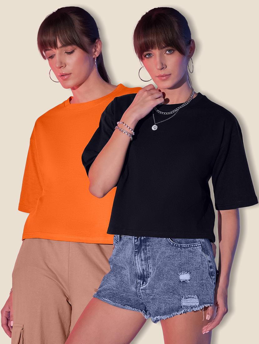 women pack of 2 solid short sleeve crop t-shirt