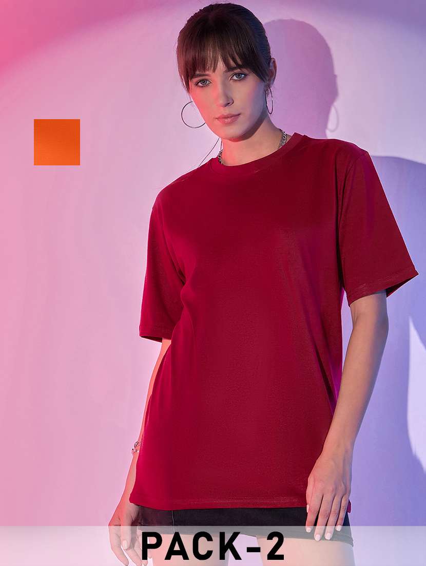women pack of 2 solid short sleeve oversized t-shirt - 21946847 -  Zoom Image - 0