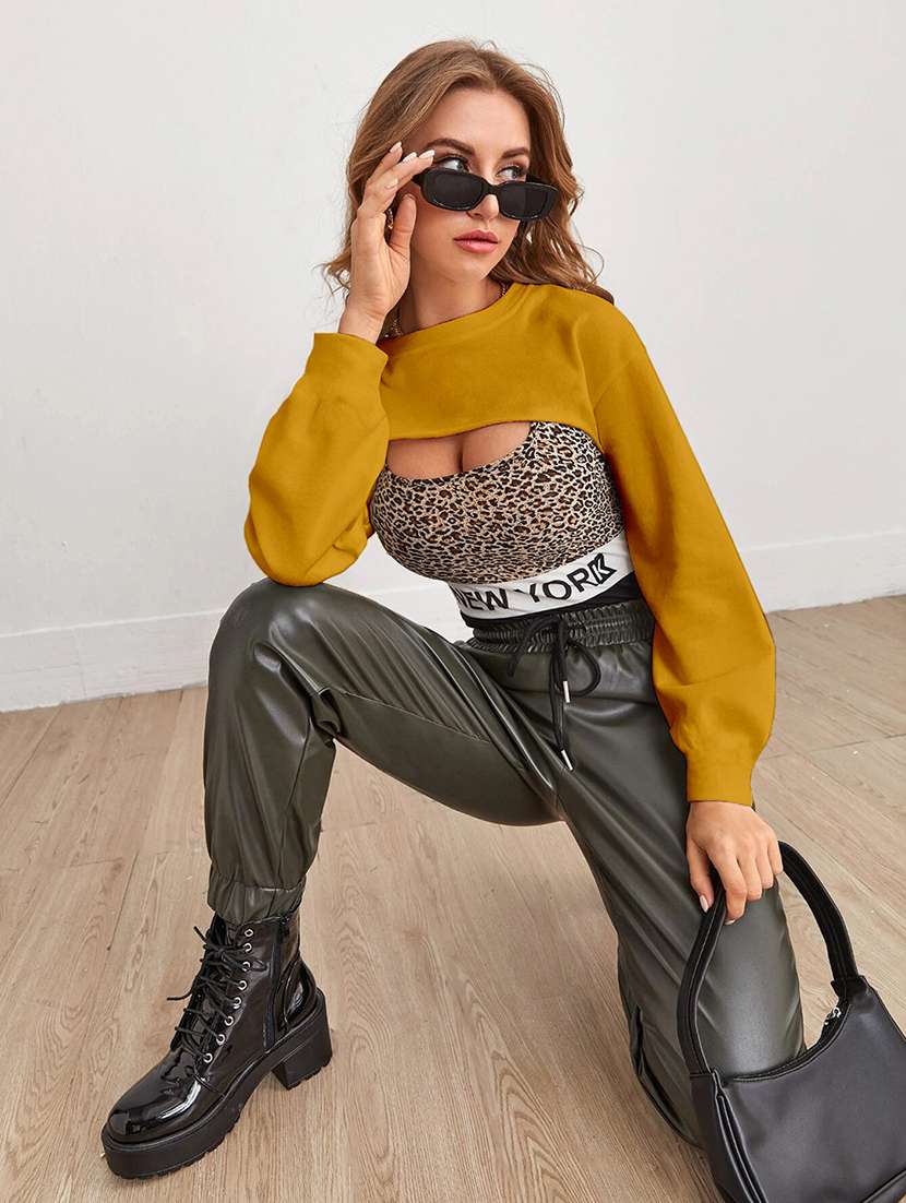women solid long sleeve crop top - 21946865 - Standard Image - 3