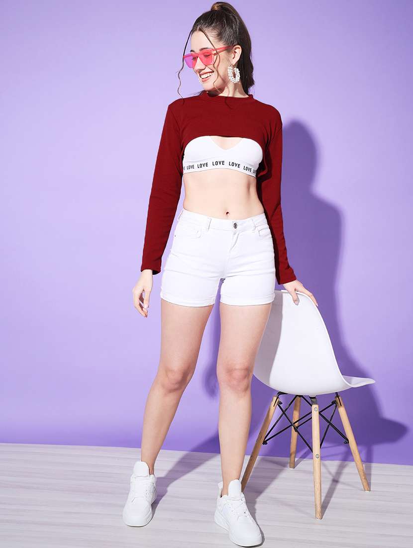 women solid long sleeve crop top - 21946868 - Standard Image - 5