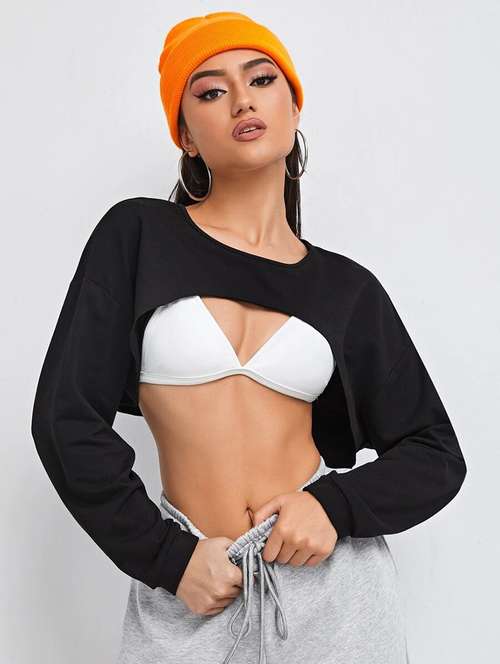 women black solid long sleeve crop top - 21946872 -  Standard Image - 0