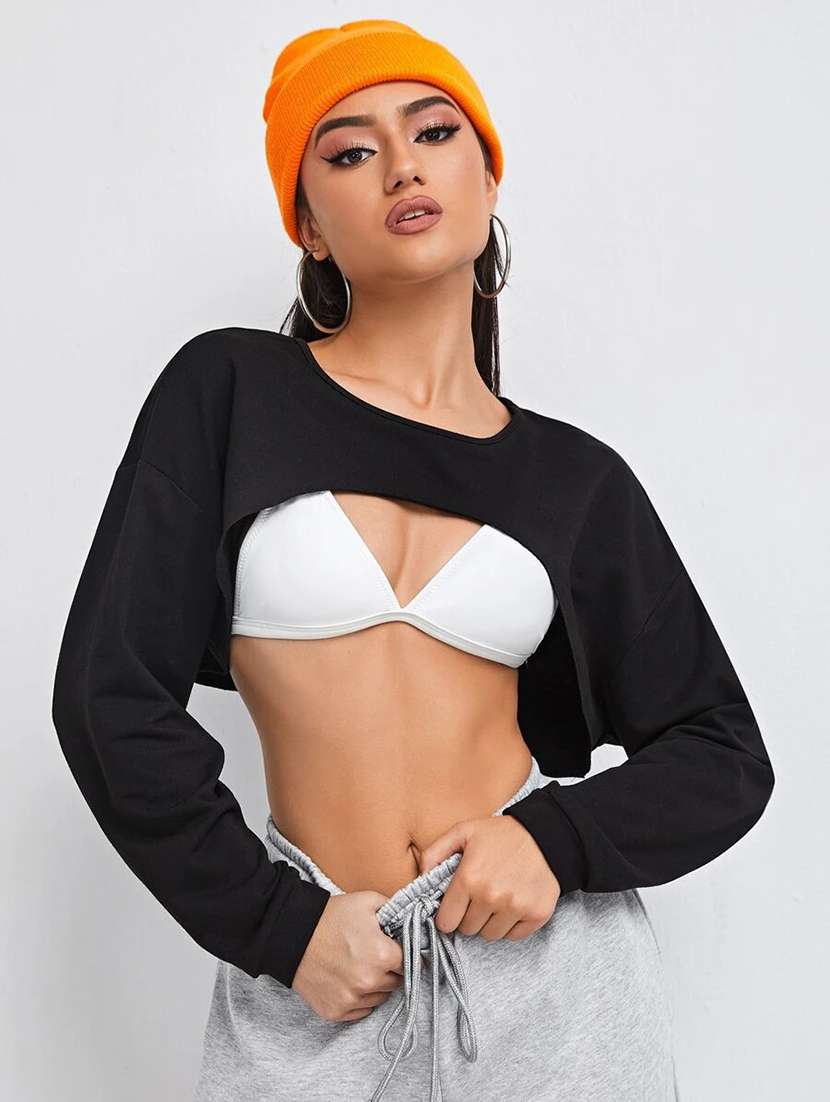 women black solid long sleeve crop top - 21946872 -  Zoom Image - 0