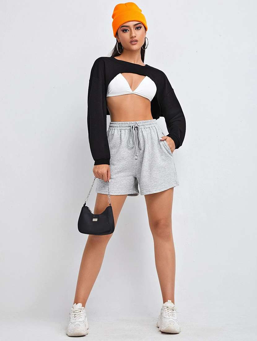 women black solid long sleeve crop top - 21946872 - Standard Image - 5