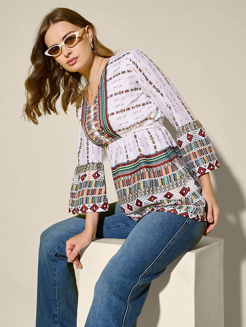women printed bell sleeve flared top - 21946873 - Standard Image - 3