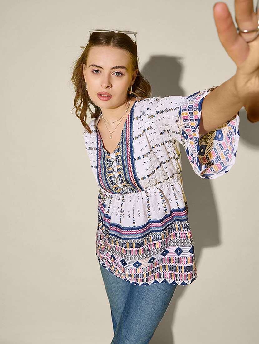 women printed bell sleeve flared top - 21946874 - Standard Image - 3