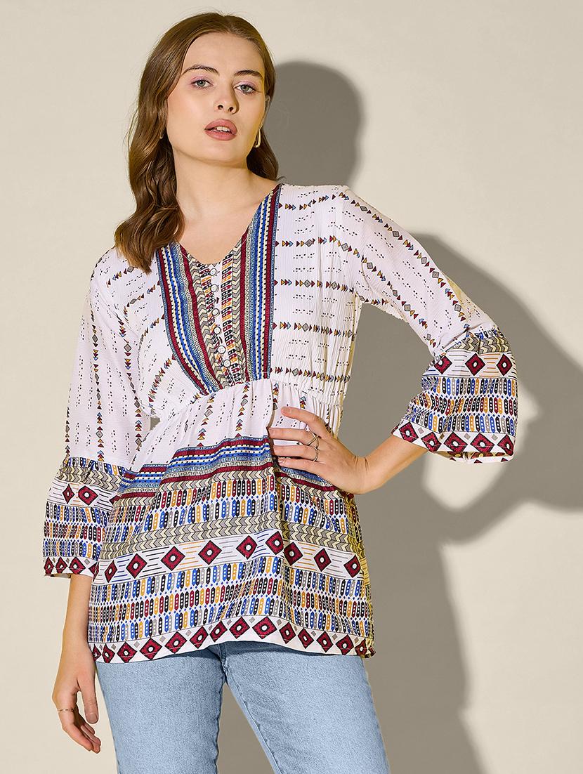 women printed bell sleeve flared top - 21946876 - Zoom Image - 0