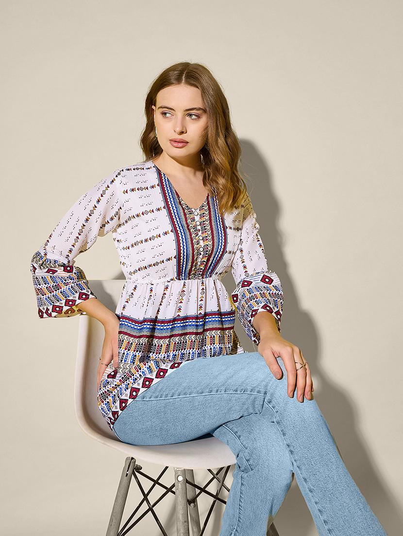 women printed bell sleeve flared top - 21946876 - Standard Image - 3