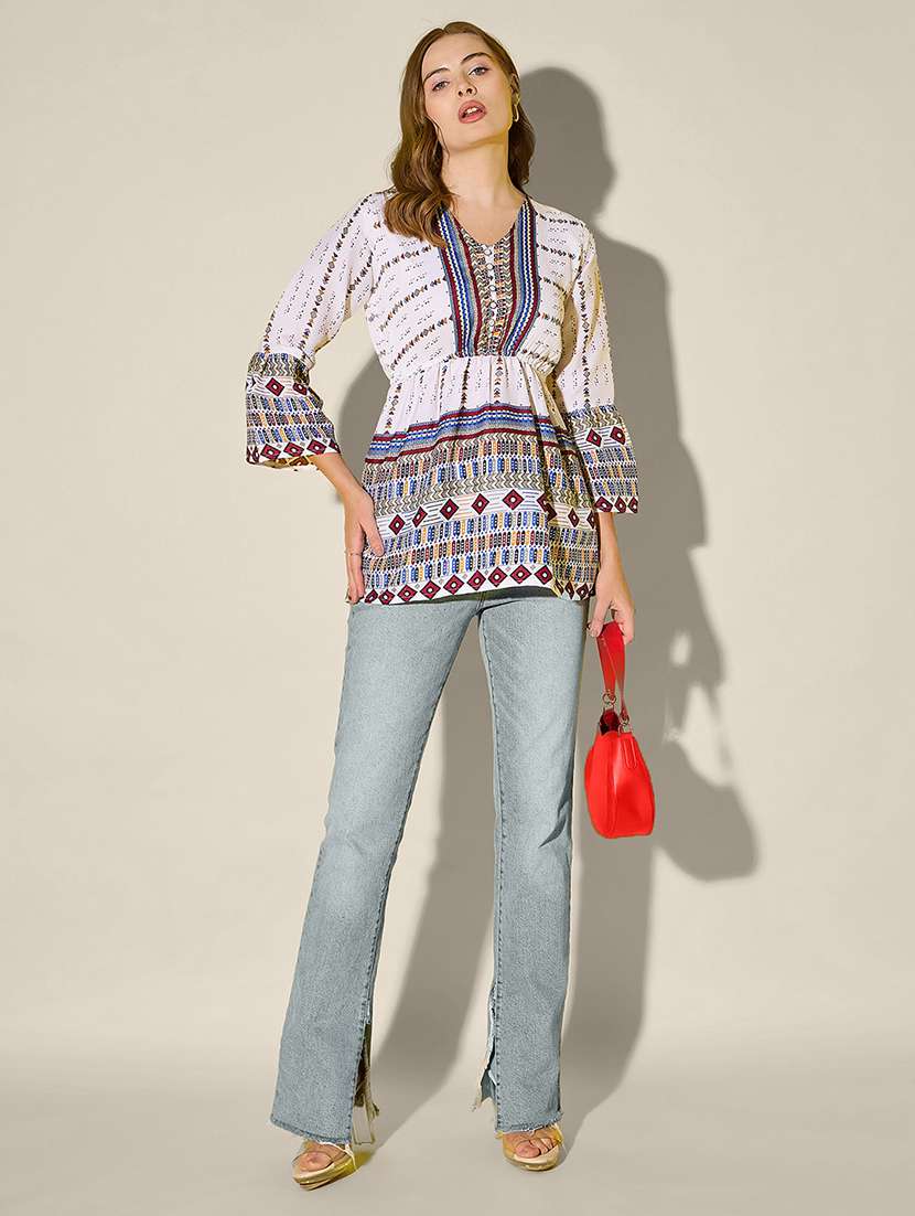women printed bell sleeve flared top - 21946876 - Standard Image - 5