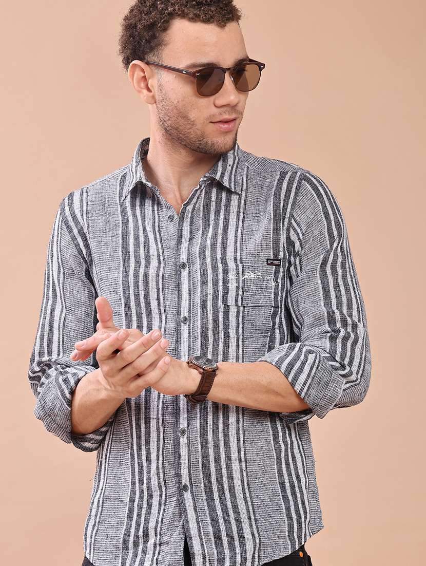 men striped collared long sleeve shirt