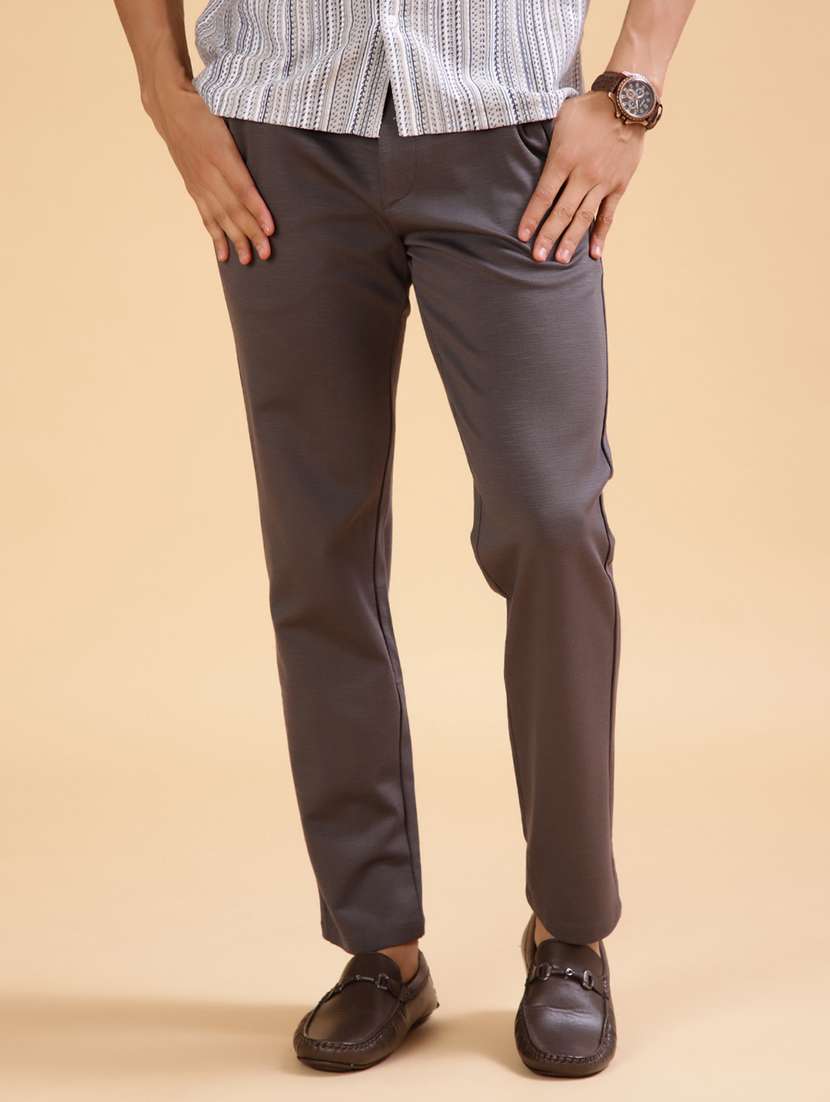 men solid mid rise flat front casual trouser