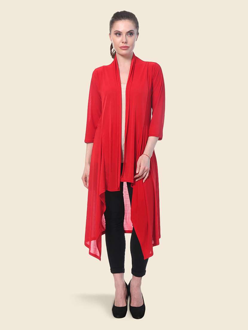 women red solid asymmetric long shrug