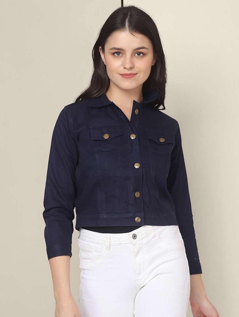 women solid collared denim summer jacket