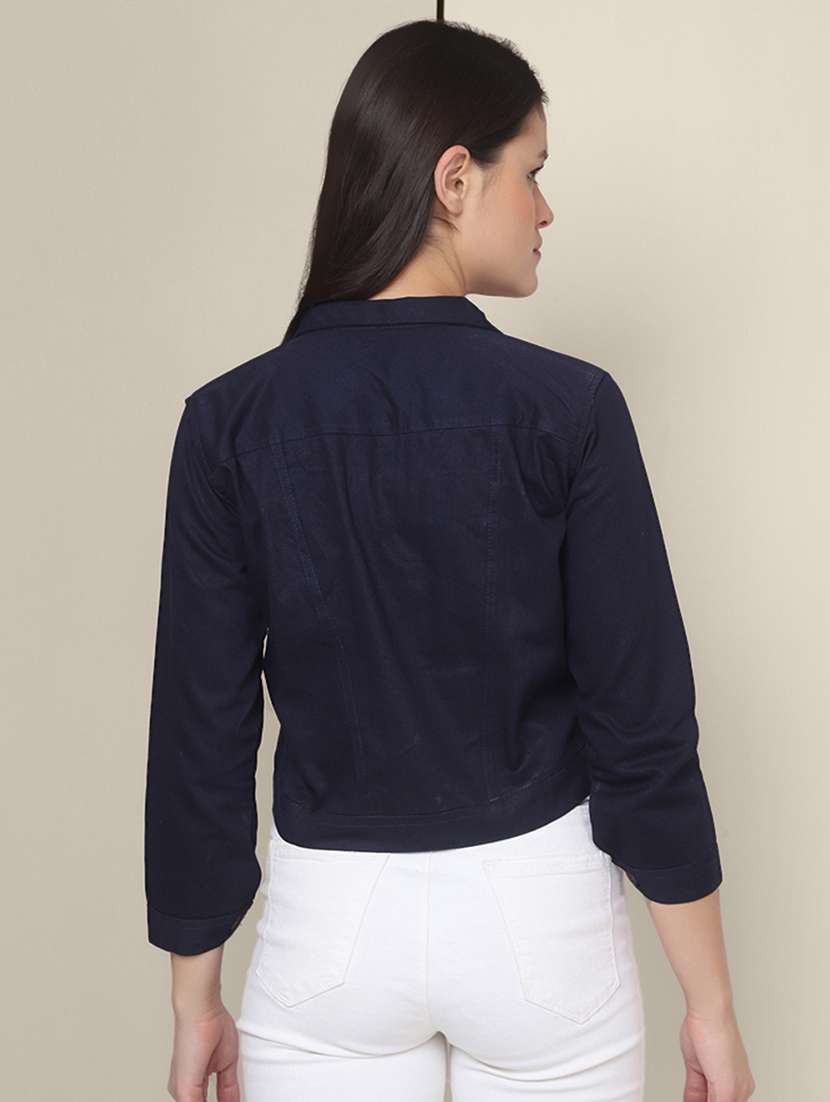 women solid collared denim summer jacket - 21947443 - Standard Image - 3