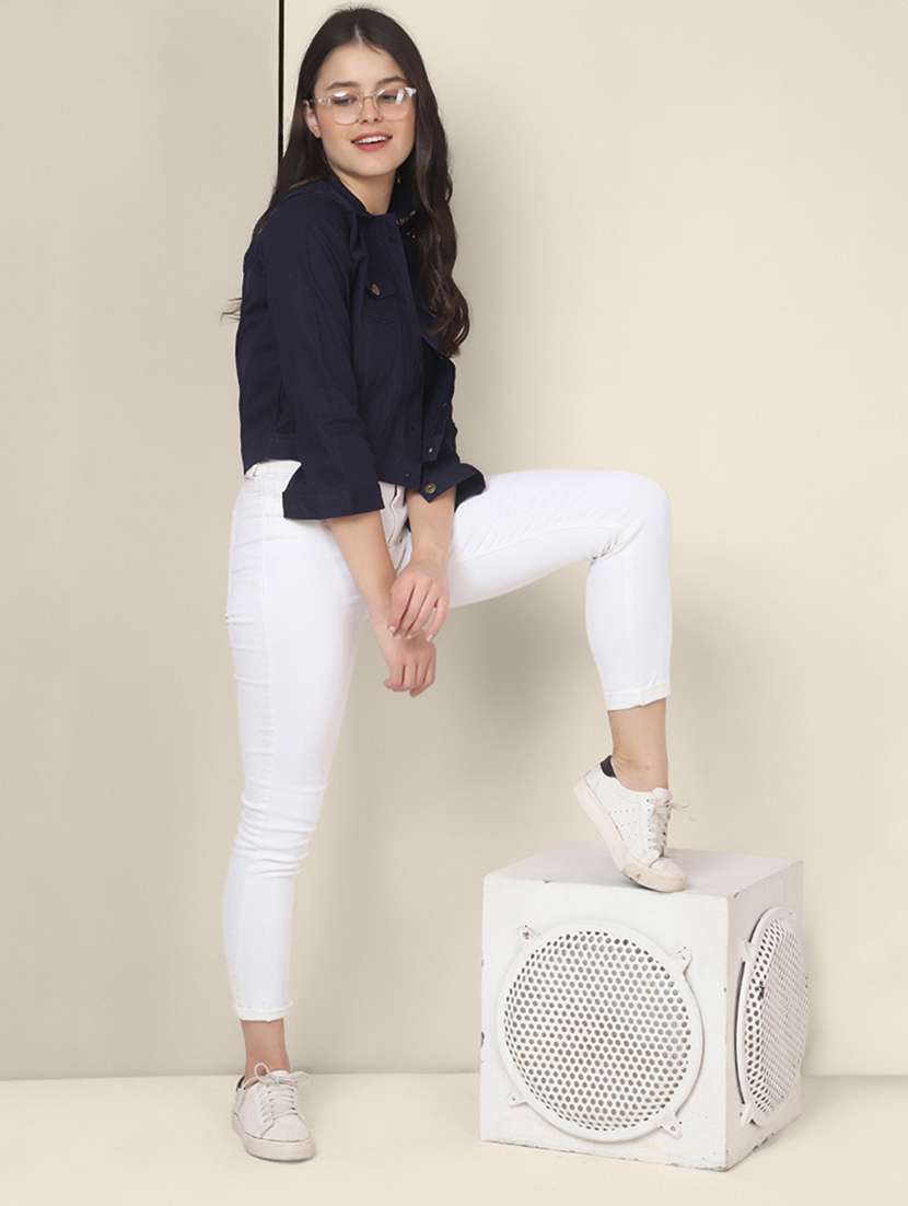 women solid collared denim summer jacket - 21947443 - Standard Image - 5