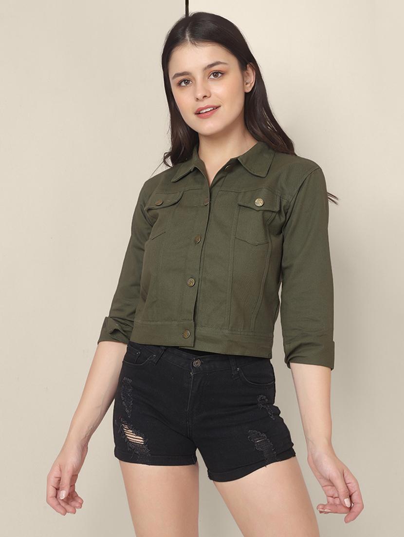women solid collared denim summer jacket - 21947444 -  Zoom Image - 0