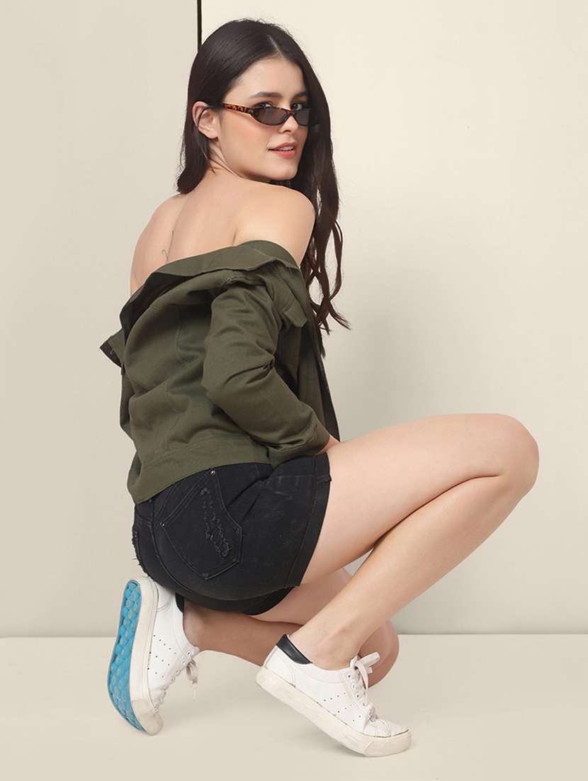women solid collared denim summer jacket - 21947444 - Standard Image - 3