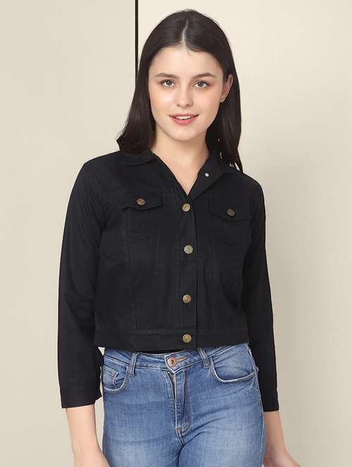 women black solid summer denim jacket - 21947445 -  Standard Image - 0