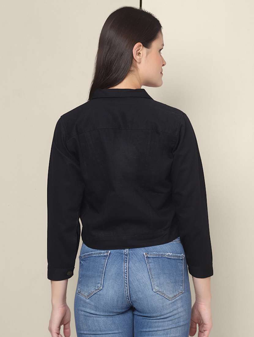 women black solid summer denim jacket - 21947445 - Standard Image - 3