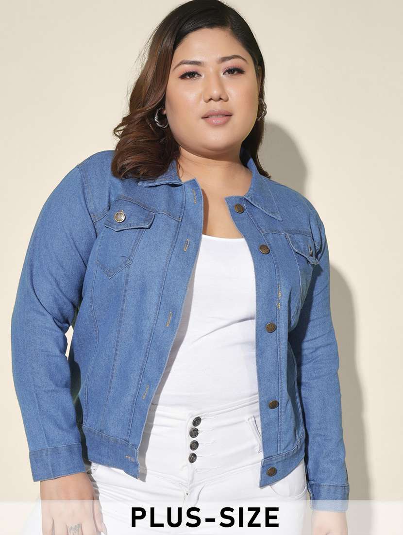 women solid collared denim summer jacket
