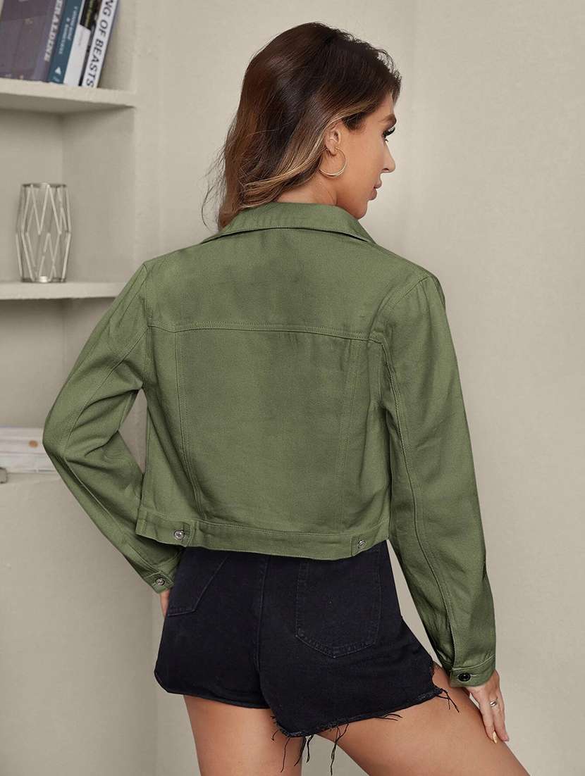women solid collared denim summer jacket - 21947450 - Standard Image - 3