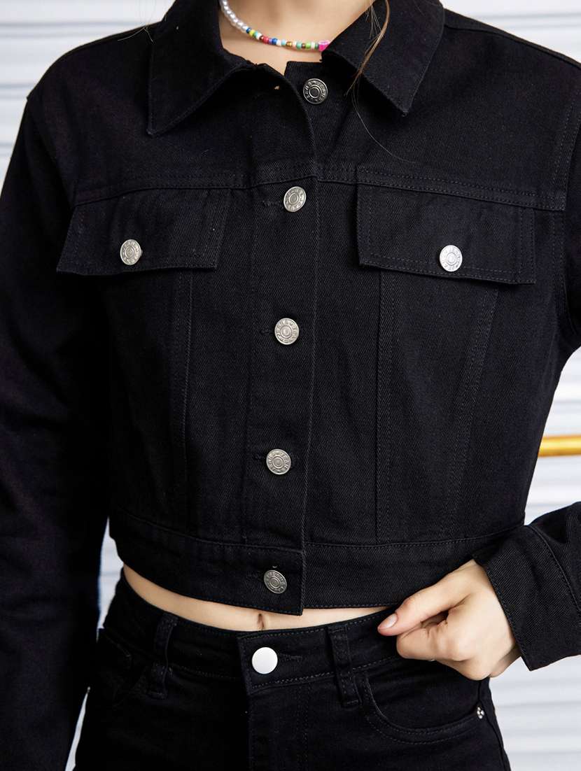 women solid collared denim summer jacket - 21947451 - Standard Image - 3