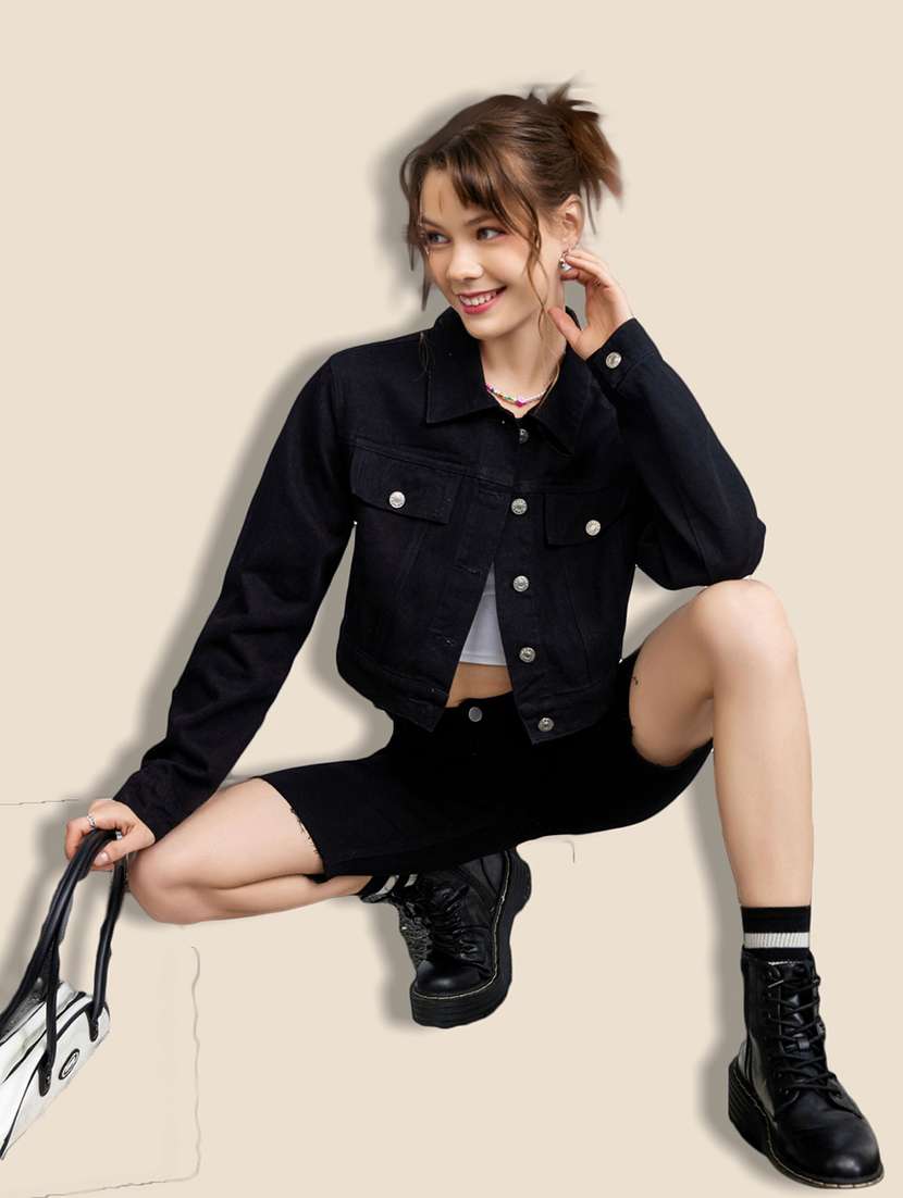 women solid collared denim summer jacket - 21947451 - Standard Image - 5