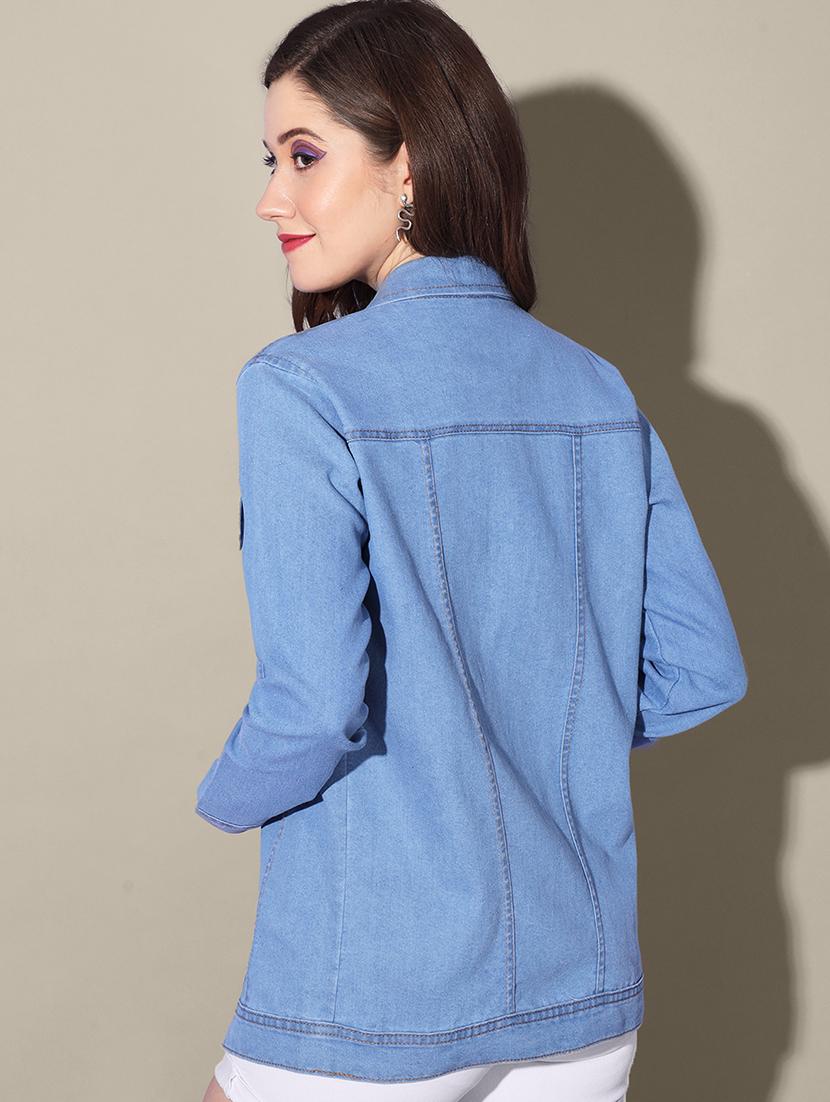 women solid collared denim summer jacket - 21947453 - Standard Image - 3