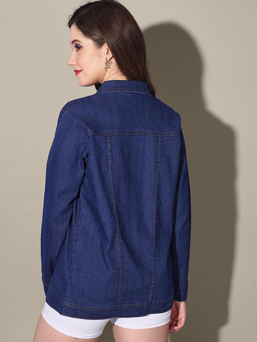 women solid collared denim summer jacket - 21947454 - Standard Image - 3