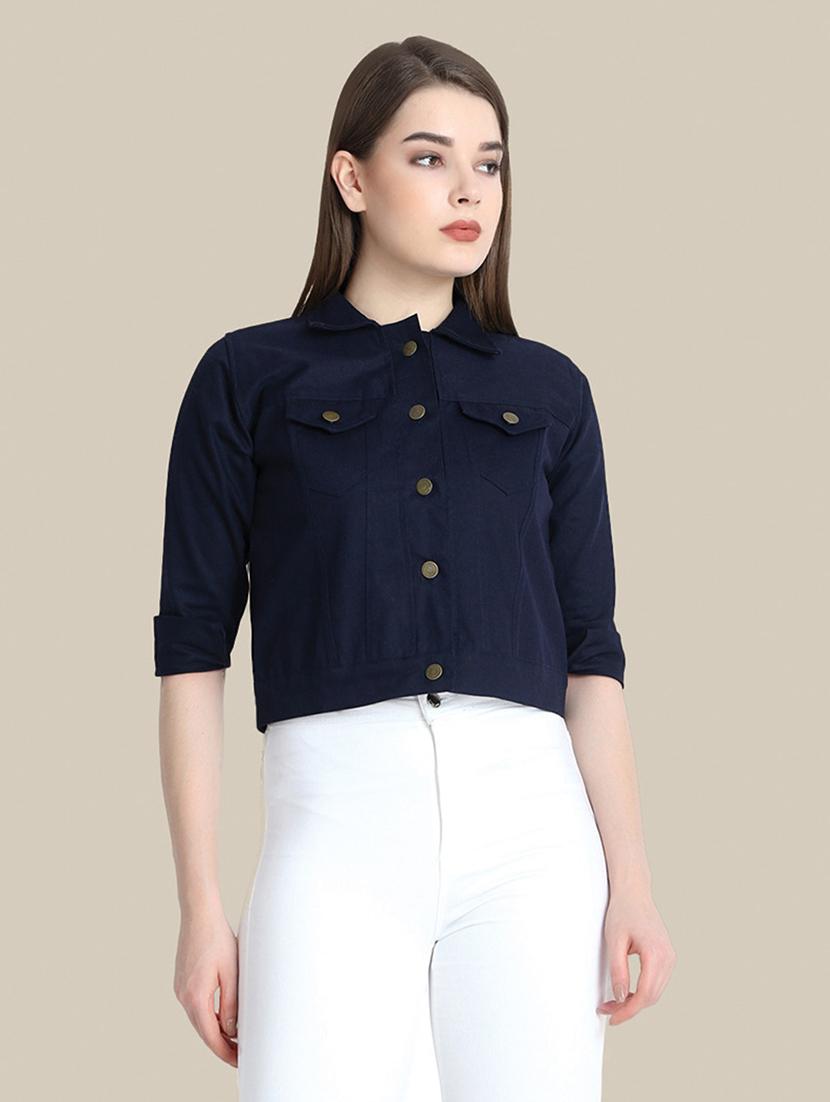 women solid collared denim summer jacket - 21947455 - Zoom Image - 0