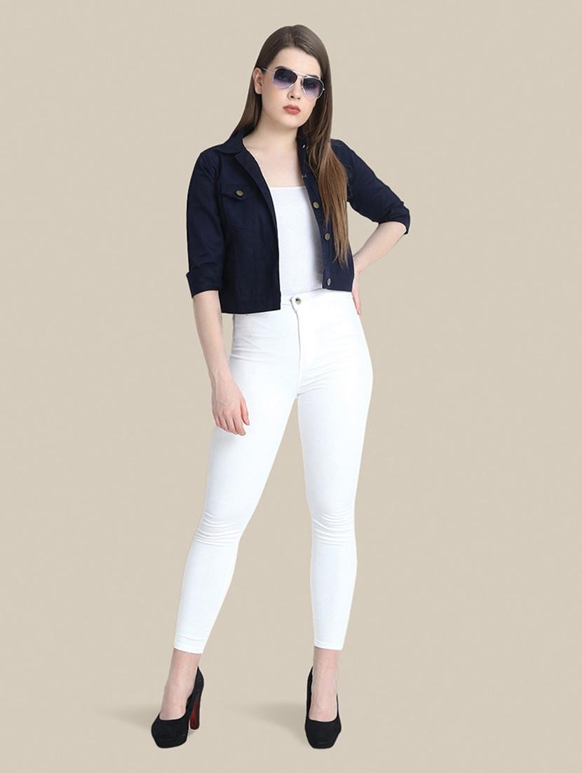 women solid collared denim summer jacket - 21947455 - Standard Image - 5
