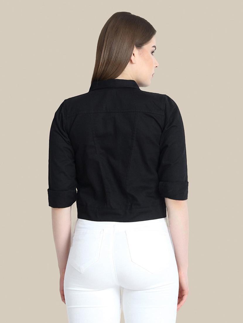 women solid collared denim summer jacket - 21947456 - Standard Image - 3