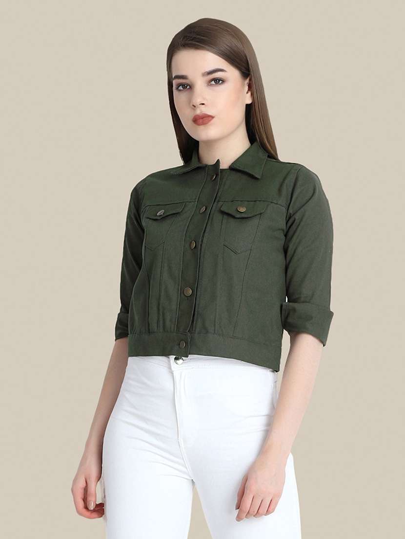women solid collared denim summer jacket