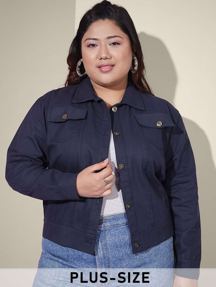women solid collared denim summer jacket