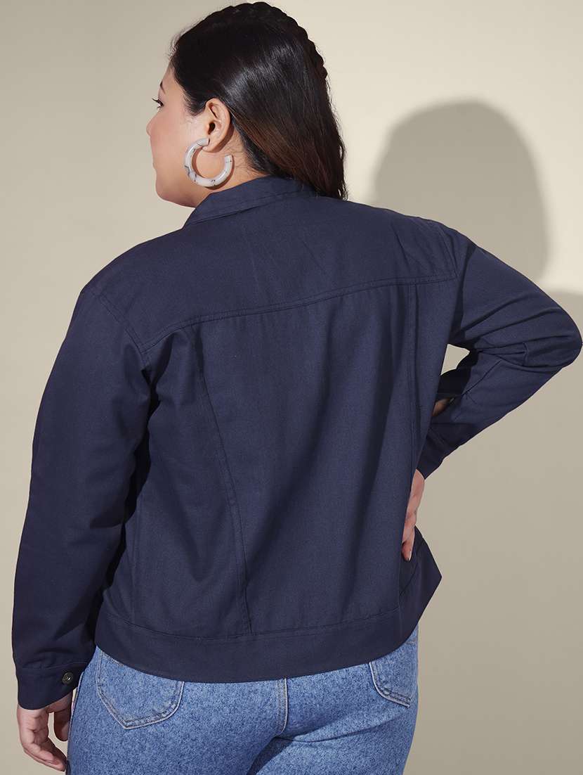 women solid collared denim summer jacket - 21947458 - Standard Image - 3