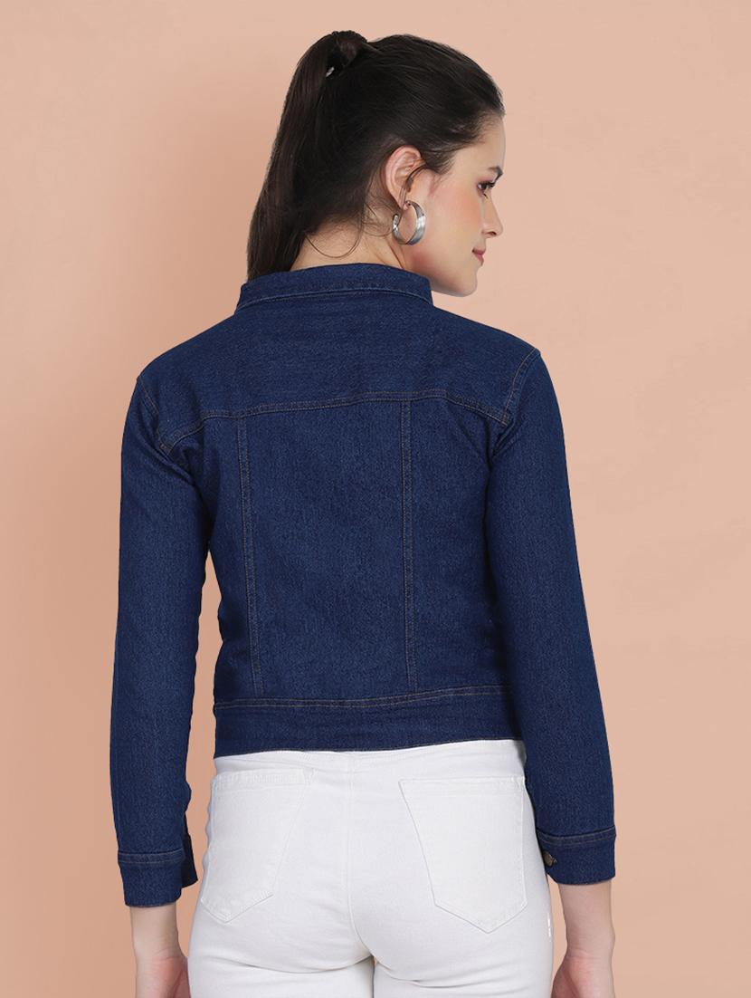 women solid collared denim summer jacket - 21947463 - Standard Image - 5