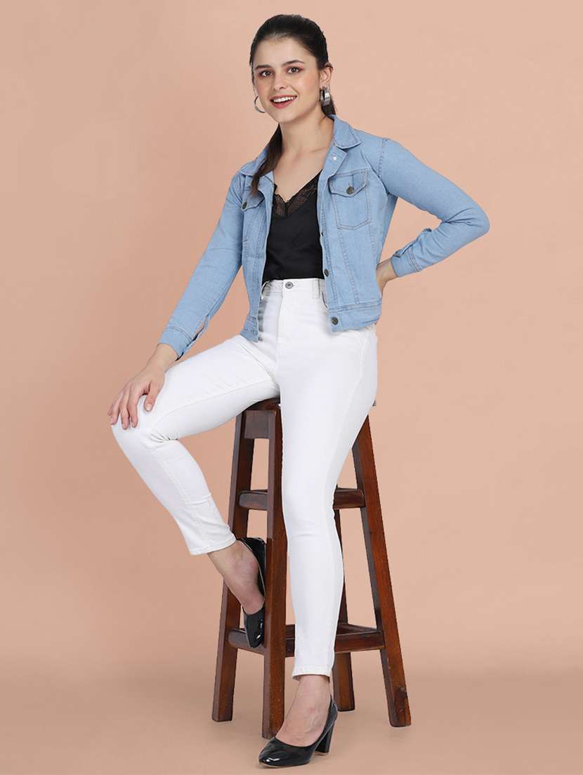 women solid collared denim summer jacket - 21947464 - Standard Image - 5