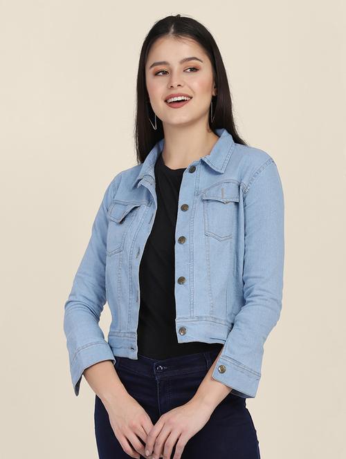 women solid collared denim summer jacket - 21947465 -  Standard Image - 0
