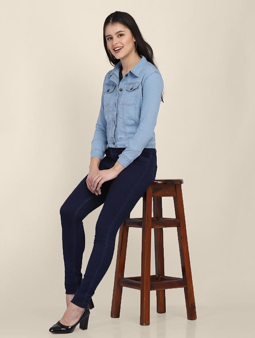 women solid collared denim summer jacket - 21947465 - Standard Image - 5