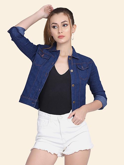 women solid collared denim summer jacket - 21947466 - Standard Image - 0