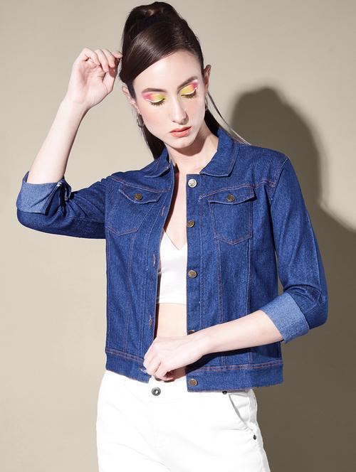 women solid collared denim summer jacket - 21947468 -  Standard Image - 0