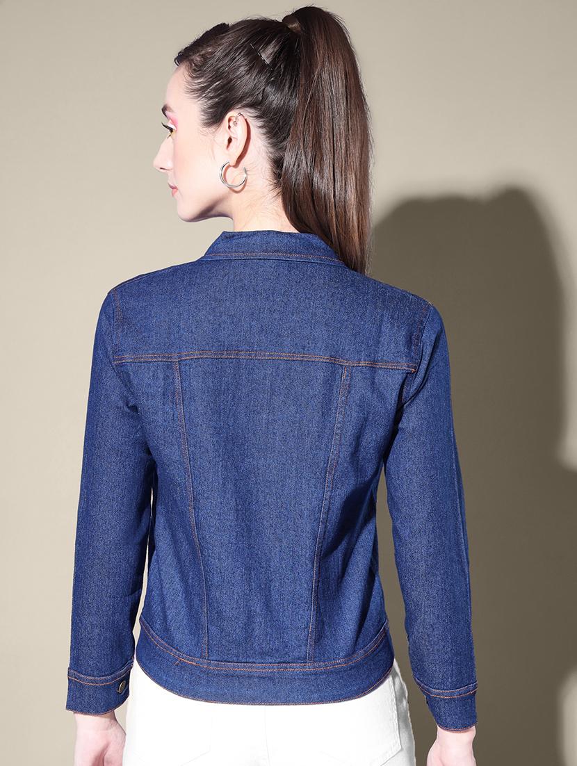women solid collared denim summer jacket - 21947468 - Standard Image - 3