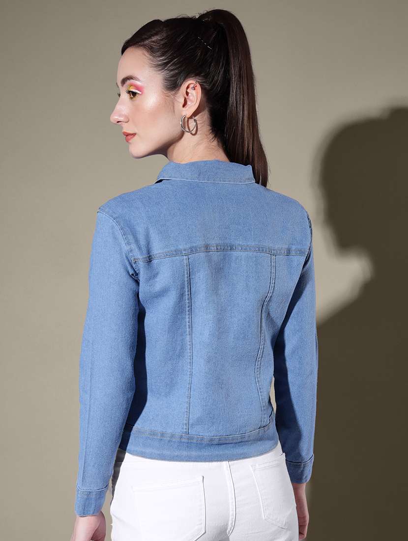 women solid collared denim summer jacket - 21947469 - Standard Image - 3