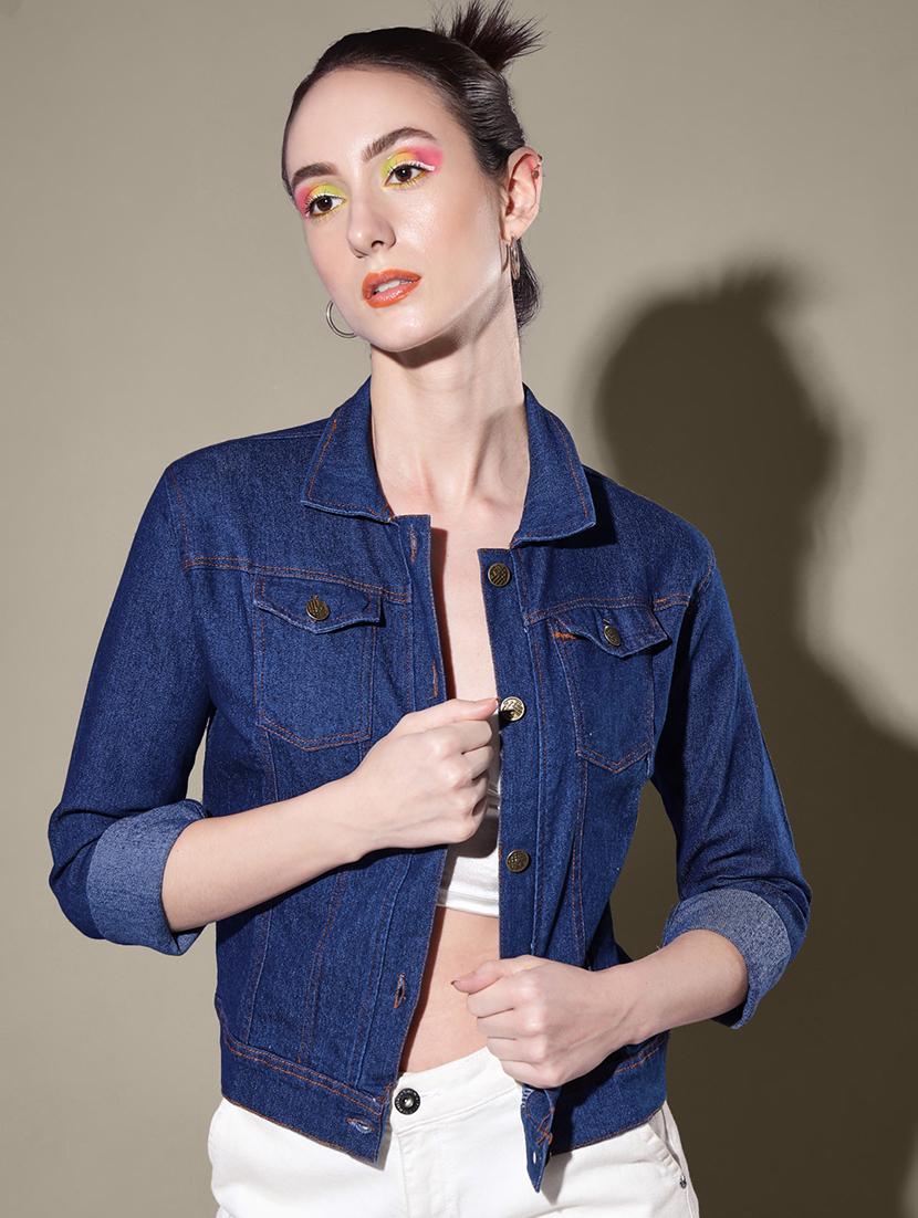 women solid collared denim summer jacket - 21947470 - Zoom Image - 0