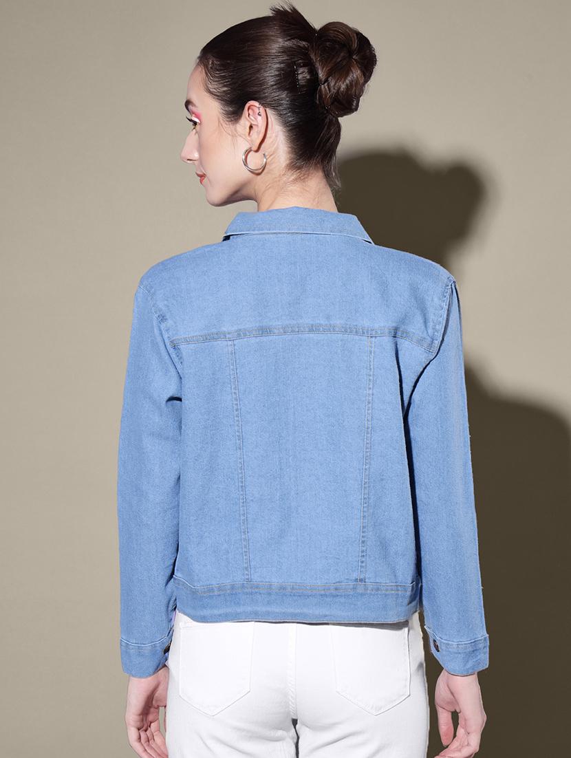 women solid collared denim summer jacket - 21947471 - Standard Image - 3