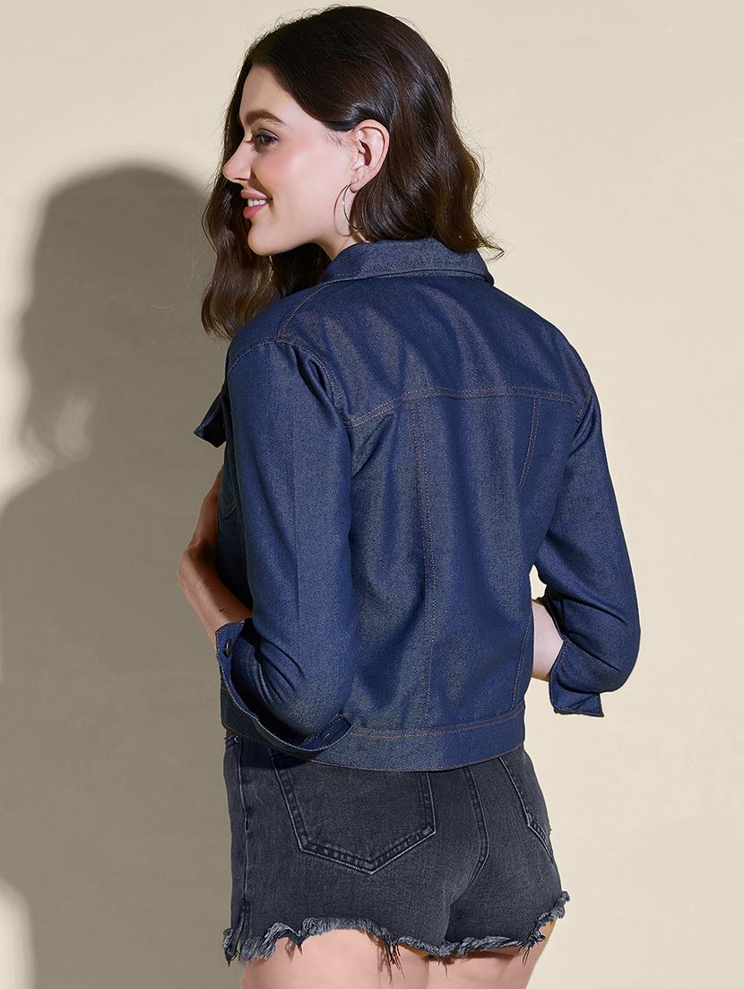 women solid collared denim summer jacket - 21947472 - Standard Image - 3