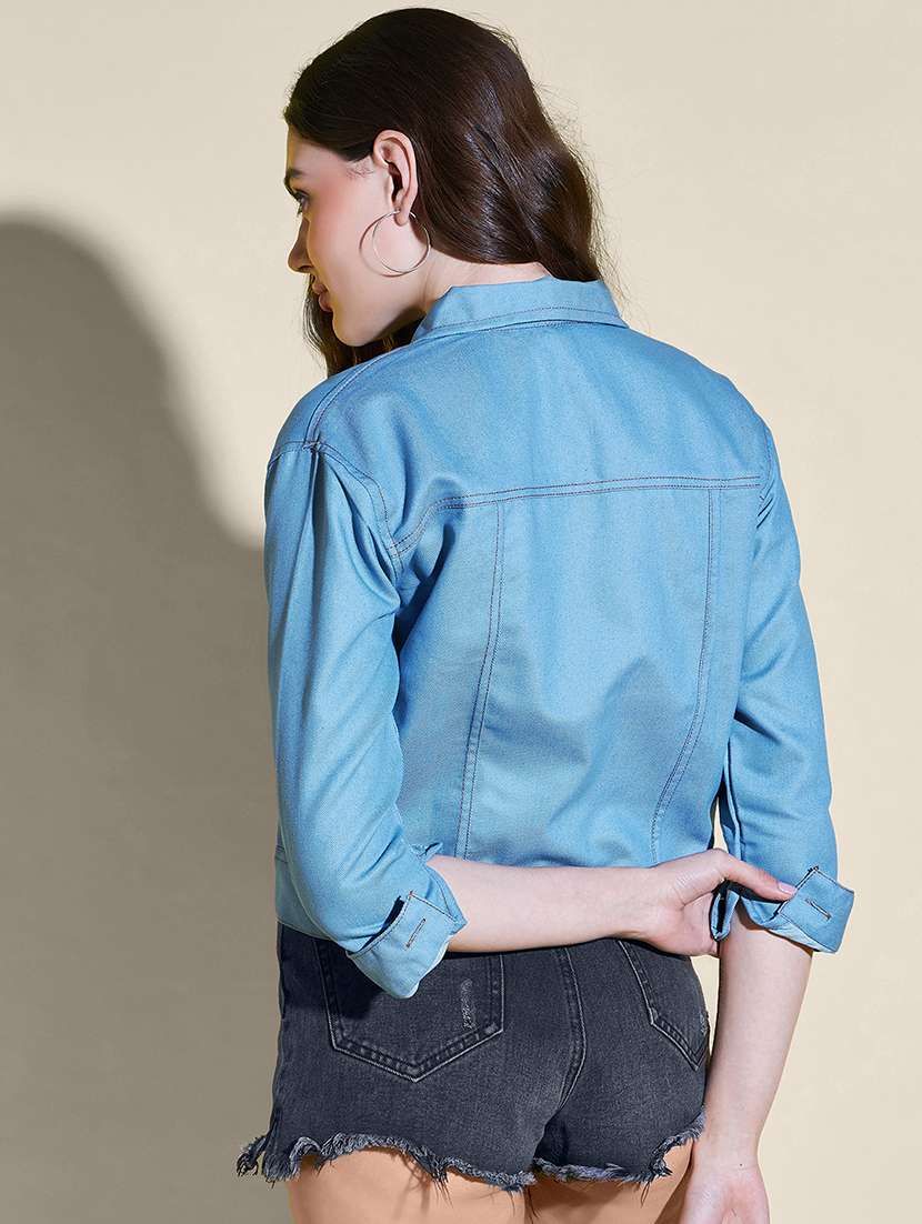 women solid collared denim summer jacket - 21947473 - Standard Image - 3
