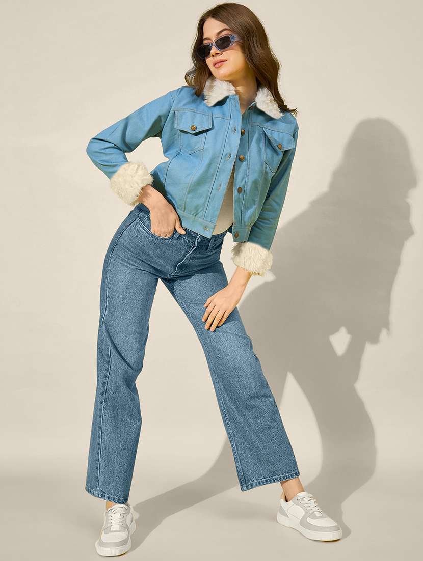 women solid fur detailed denim jacket - 21947474 - Standard Image - 5