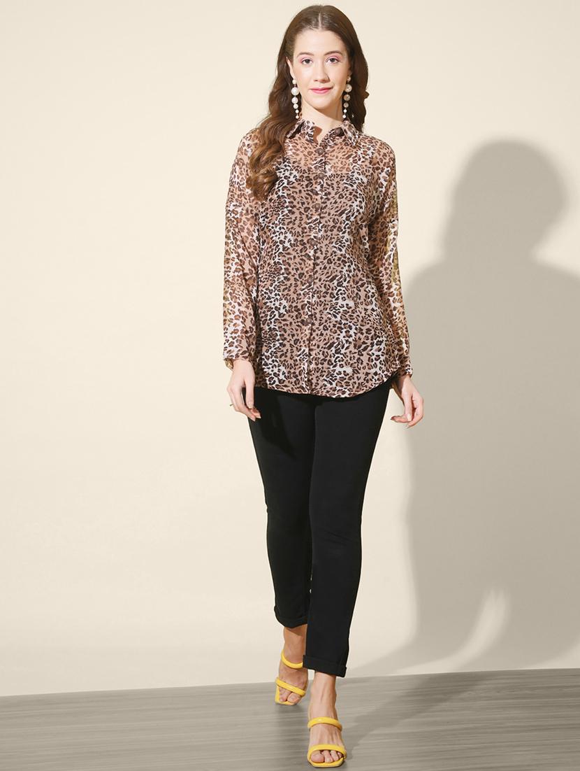 women animal print long sleeve collared shirt - 21947478 - Standard Image - 5