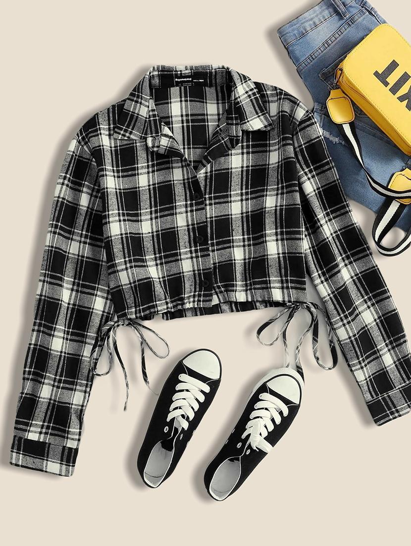 women checkered collared long sleeve crop shirt - 21947480 -  Zoom Image - 0